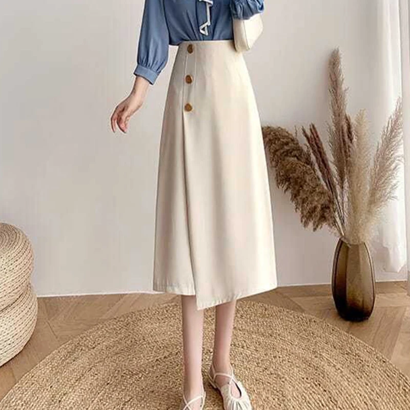 

Korean Style Irregular A-Line Skirt Woman Elegant Office Temperament One-Step Skirt Ladies 2023 Summer High Waist Midi Skirts