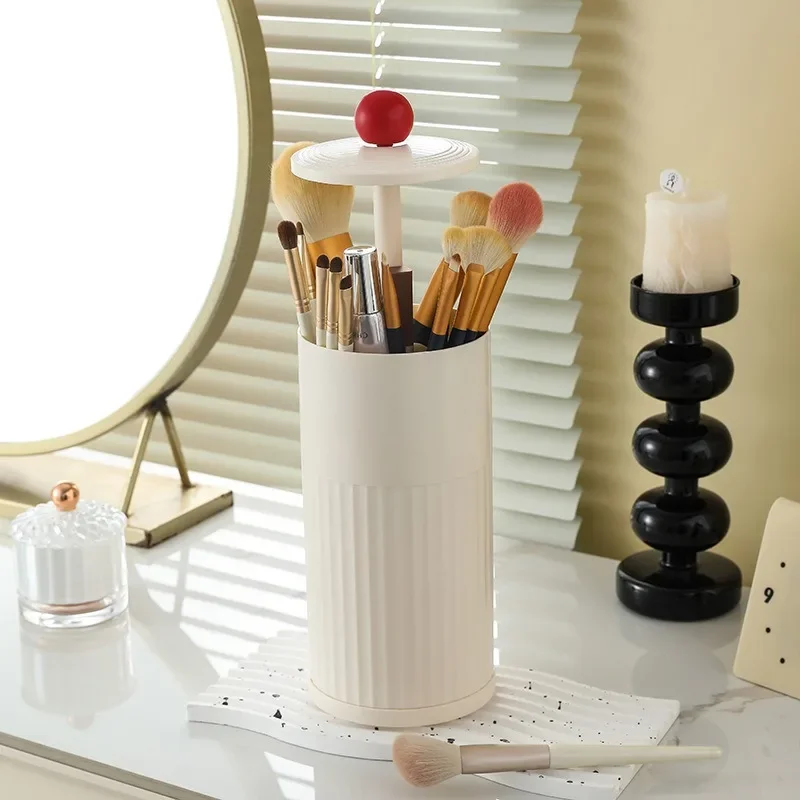 Hot Makeup Brush Storage Container with Dust-proof Belt Cover, Automatic Lifting Brush Bucket, Desktop Beauty Brush Storage Box 6