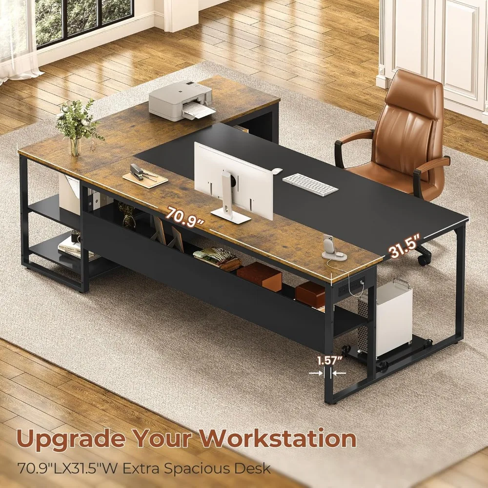 71" Executive Desk, Large Office Desk, Widen File Drawers, Power Outlets, Reversible L Shaped, Corner Desk, Storage Shelves 2