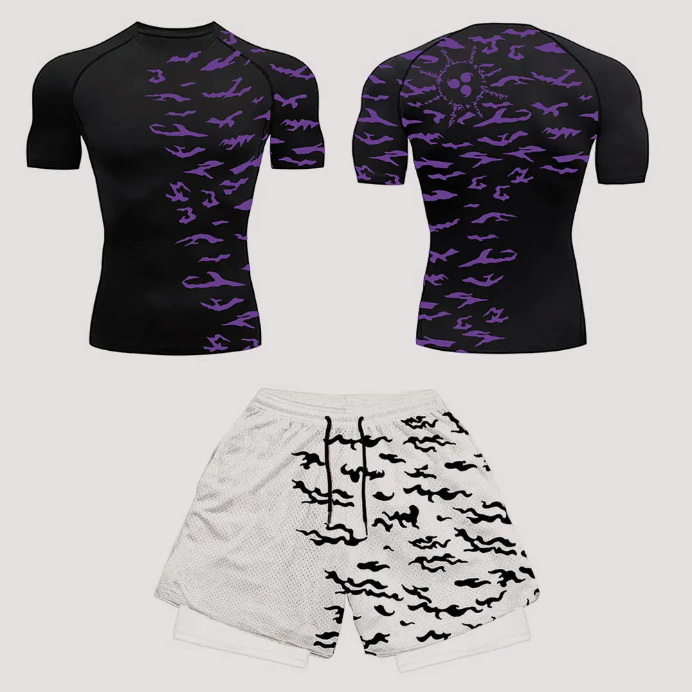 Anime Compression Set Running Fitness Suit for Men Quick Dry Compression Shirt + Gym Shorts 2PCS Summer Workout Sportwear sports suit
