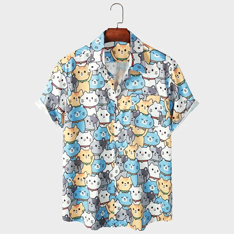 Chemise à fleurs hawaïennes pour hommes, chat de dessin animé mignon, impression 3D, manches courtes, vêtements de plage pour hommes, mode d'été, Y2K