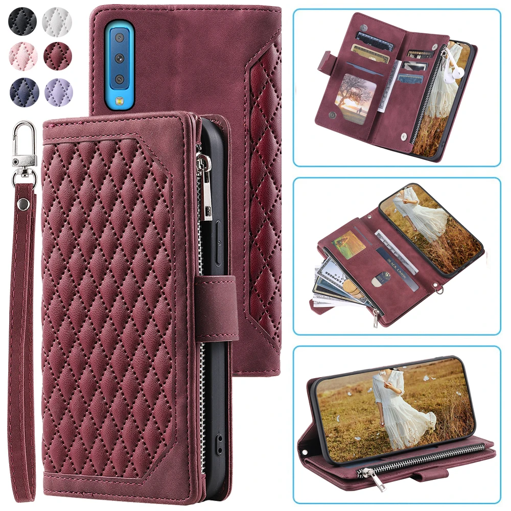 

Fashion Zipper Wallet Case For Samsung A7 2018 Flip Cover Multi Card Slots Cover Phone Case Card Slot Folio with Wrist Strap