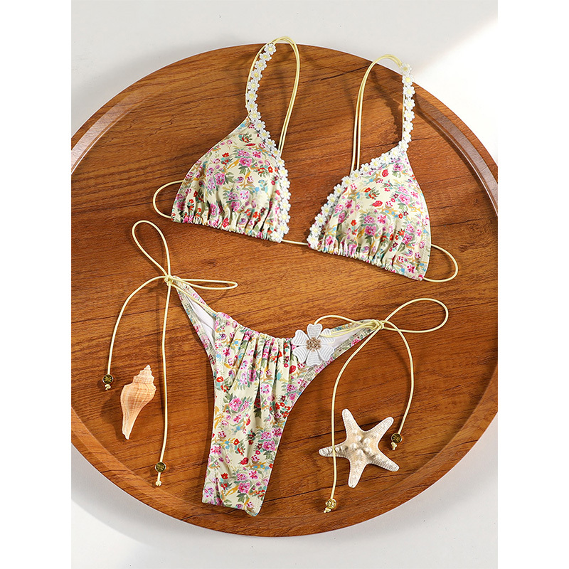 Rinabe Floral Print Bikini Triangle Swimsuits String Swimsuit Bandage Bikinis High Cut Swimwear Two-Piece Beachwear