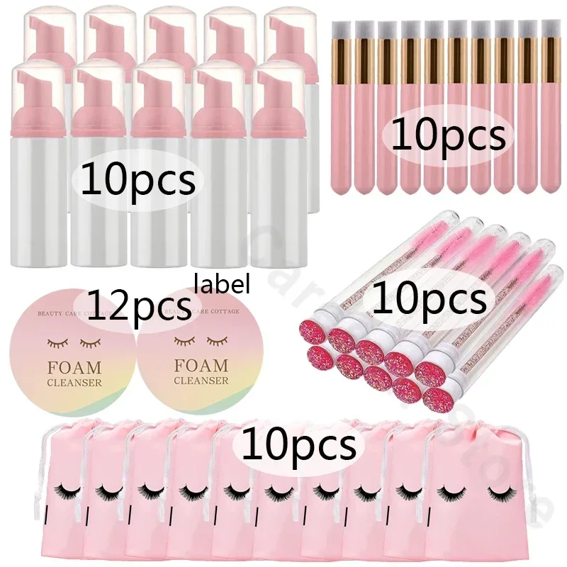 40PCS Cleaning Eyelash Set 60ML Empty Bottle Eyelash Shampoo Care Makeup Tool Plastic Foam Dispenser Bottle with 12pcs label eyelash cleaning set