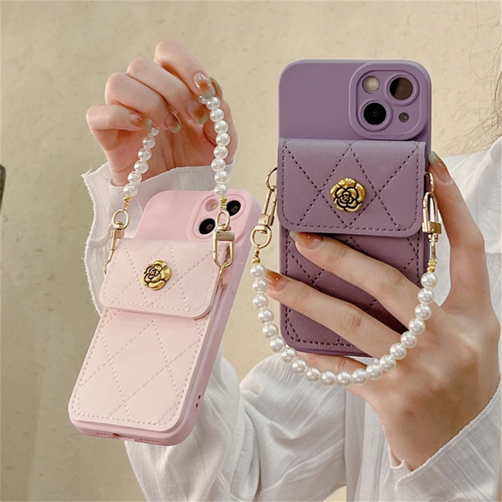 Korea 3D Kamelie Blume Karte Tasche Perle Kette Silikon Weiche Fall Für iPhone 16 15 14 Pro Max 13 12 11 X XR 8 Plus Stoßfest Abdeckung_voghion.com