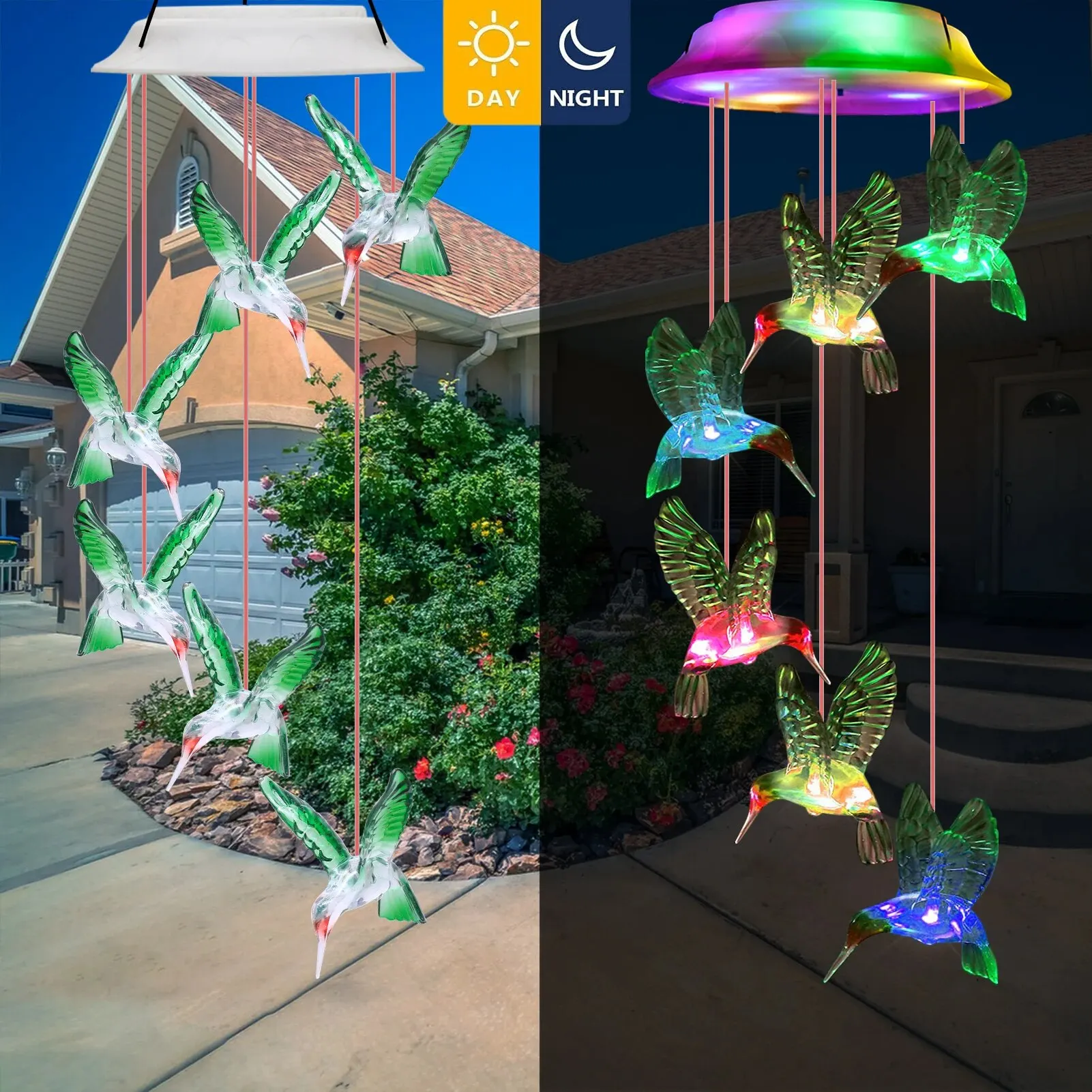 Outdoor Wind Chimes Solar Powered Waterproof and Color Changing Hummingbird for Garden Decoration Gifts