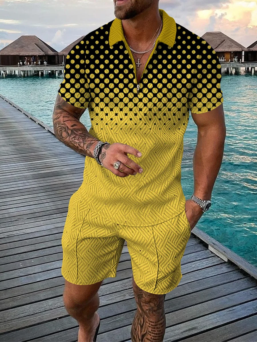 Spring And Summer New Explosive Trend Beach Men's New Casual Color Contrast POLO Zipper Lapel Shirt Casual Short Sleeve Suit
