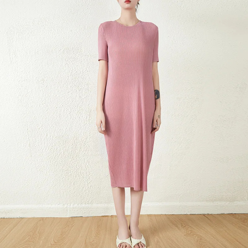 

Summer Dress For Women's Clothing New Fashion Simple Solid Color Round Neck Short Sleeves Stretchable Miyake Pleated Dresses