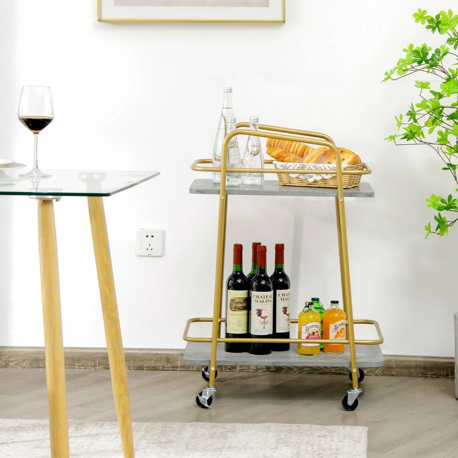 

Utility Trolley on Wheels Rolling Kitchen Rack with Gold Handles