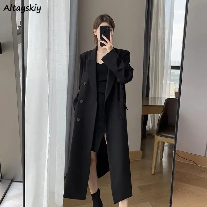 

Black Trench Long Coats for Women Elegant Notched Autumn Trendy French Style High Street Double Breasted Ladies Mystic Outerwear