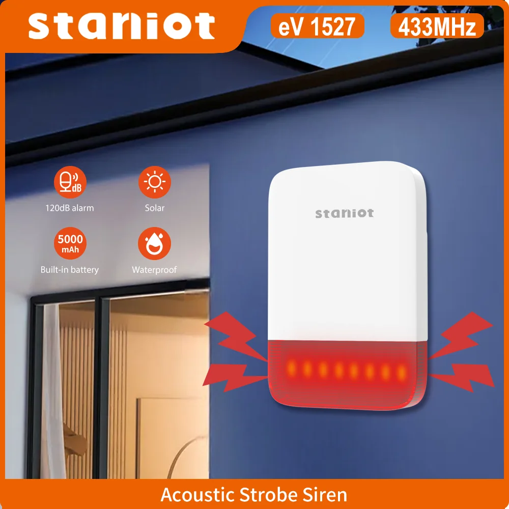 Wireless Strobe Siren 120dB High Decibel Indoor/Outdoor Waterproof Support Solar Panel Charge Built-in 5000mAh Battery