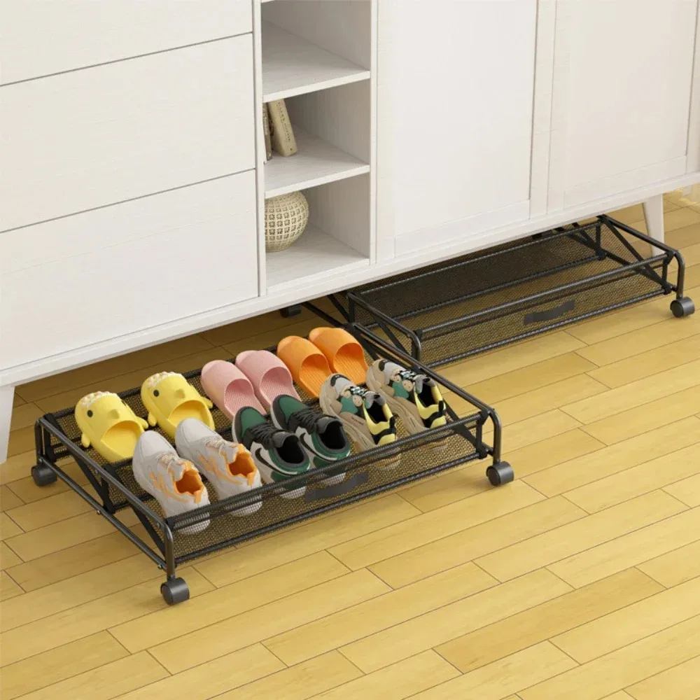 Simple Shoe Rack Underbed Storage Shelf Rolling Buckle For Shoes Bedroom Space Saving Boot Stand Household Storage Supplies shoe rack