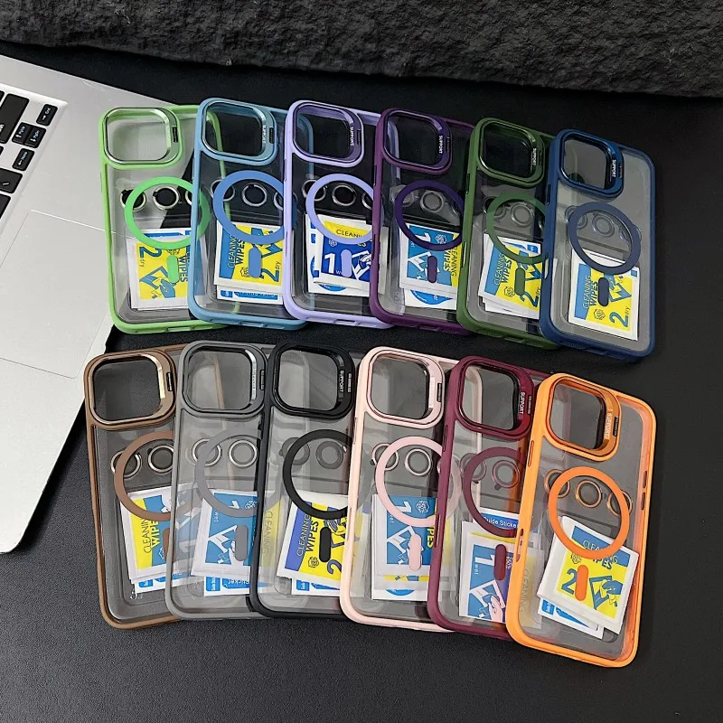 Luxury Magnetic Shockproof Phone Case For iPhone 15 14 13 12 11 16 Pro Max 16 Plus 16E Funda Stand Glass Lens Protection Cover