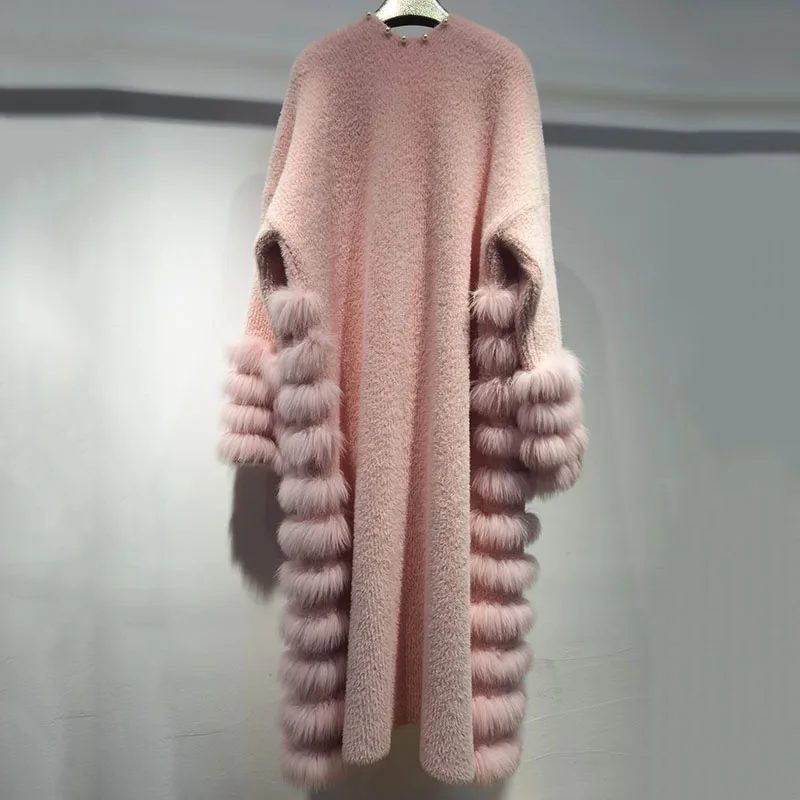 Women Autumn Knitted Long Cardigan Coat With Real Fox Fur Stripe Fashion Loose Long Sleeve Warm Jacket Outwear With Genuine Fur