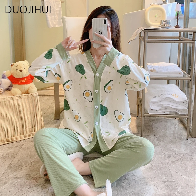 

DUOJIHUI Green Two Piece Simple Loose Home Pajamas for Women Autumn Basic V-neck Cardigan Casual Pant Fashion Female Pajamas Set