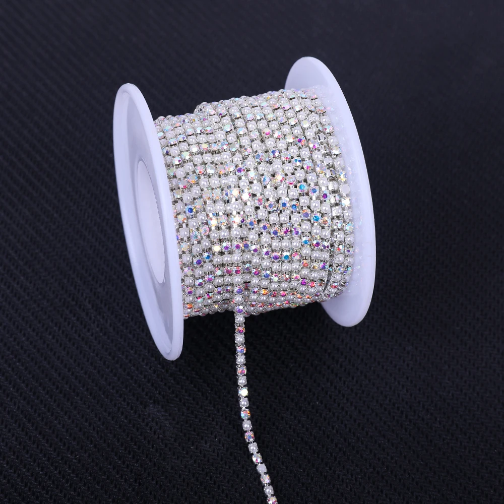 2mm Silber Perle Strass Tasse Kette Band Glas dichte bunte Strass Perle Kette Trim Bekleidung Tasse Kette für DIY Kleidungsstücke – Detail 4