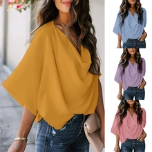 

2022 New European And American Chiffon Shirts Loose V-neck Casual Tops T-shirt Women's Clothing Sexy Short Sleeve Blouse Top