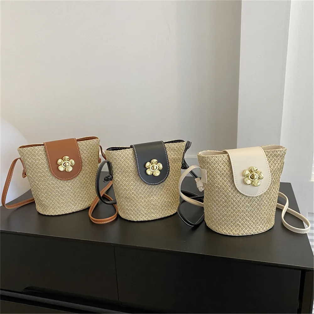 

Straw Weaving Gentle Simple Foreign Style Casual Bag 2024 Summer Commuting Shoulder Crossbody Bag French Bucket Women Bags Trend