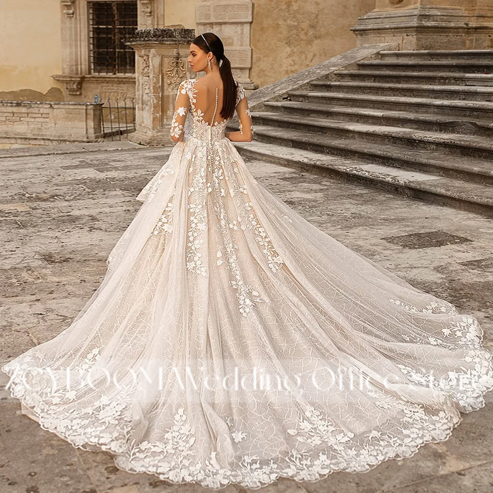 Elegante A-Linien-Hochzeitskleider 2026 mit halben Ärmeln, Spitzenapplikationen, V-Ausschnitt, Illusionsrücken und Hofschleppe – Vestido De Novia – Detail 4
