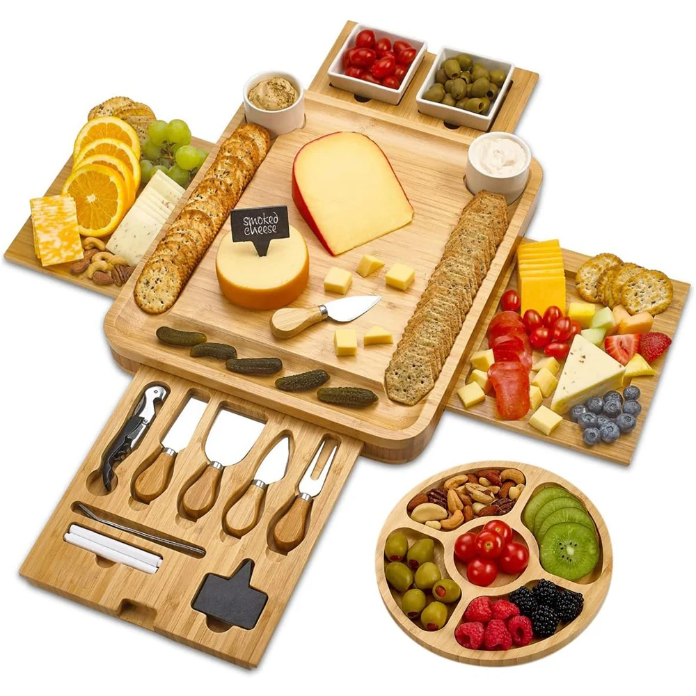 

Cheese Board - 2 Ceramic Bowls 2 Serving Plates. Magnetic 4 Drawers Bamboo Charcuterie Cutlery Knife Set, Round Tray, 2 Forks