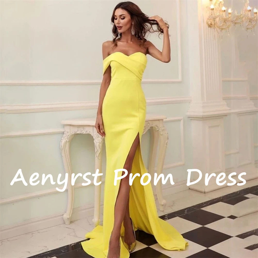 Aenyrst Sweetheart One Shoulder Prom Dresses Satin Mermaid Side Slit Evening Gowns Floor Length Party Dress Yellow فساتين السهرة