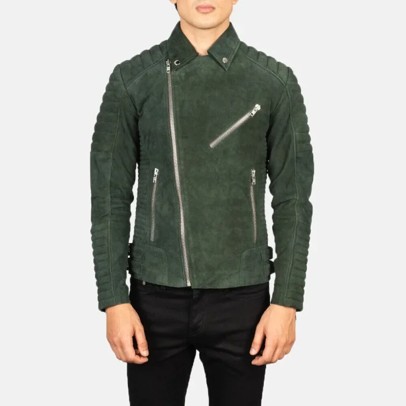 

New Mens Genuine Lambskin Green Suede Quilted Biker Jacket