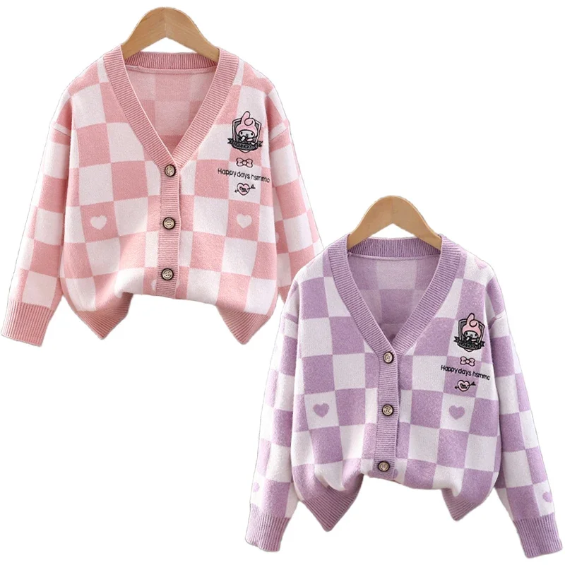 

Sanrios Girls Knitwear My Melody Anime Cartoon Cute Plaid Sweater Jacket Cardigan Children Spring Autumn Clothing Tops Coat