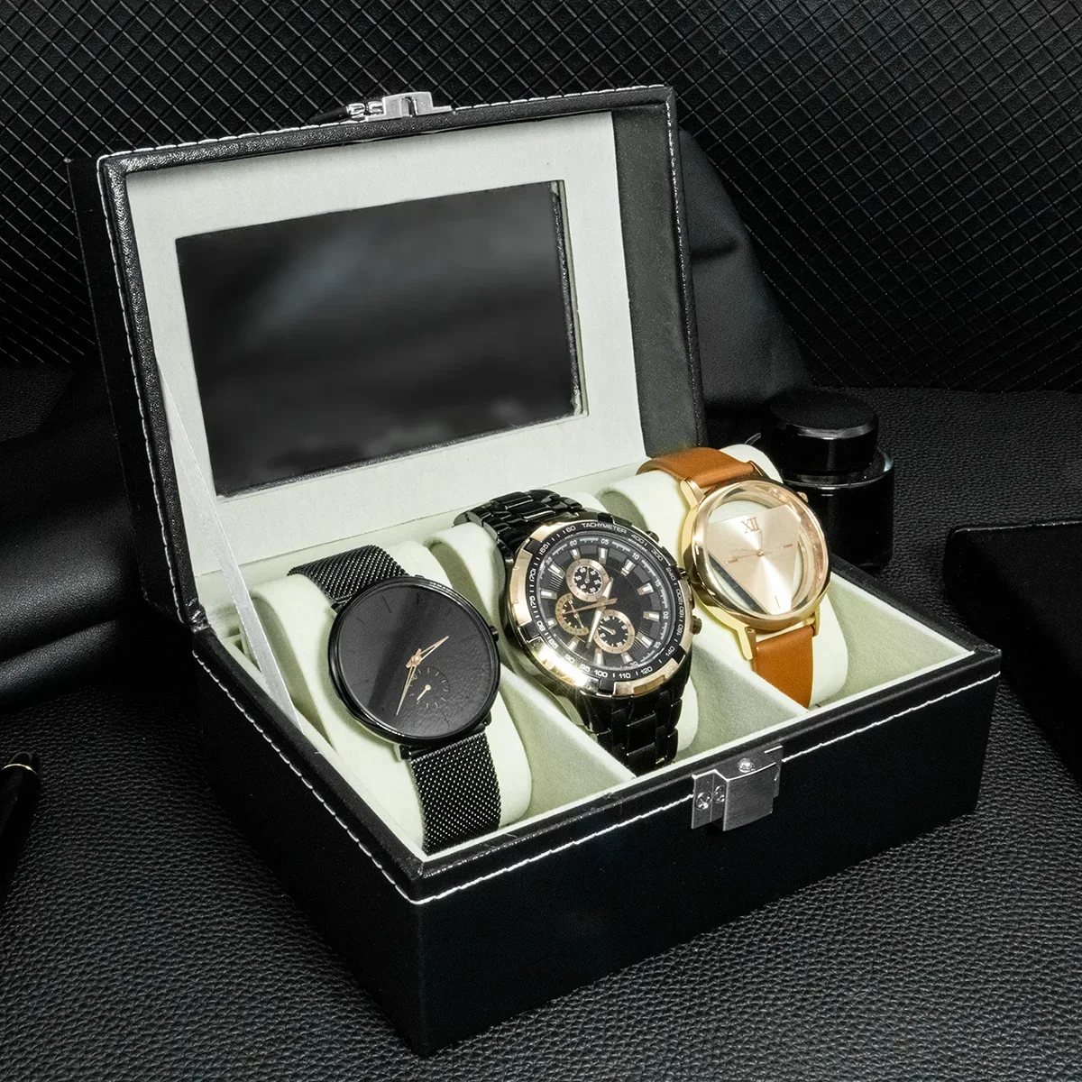 PU Leather Watch Box For Men Watch Display Case With Glass Top