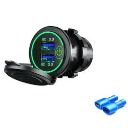 Dual USB Fast Car Charger with Touch Switch & LED Light - Waterproof QC 3.0 Power Outlet - Green