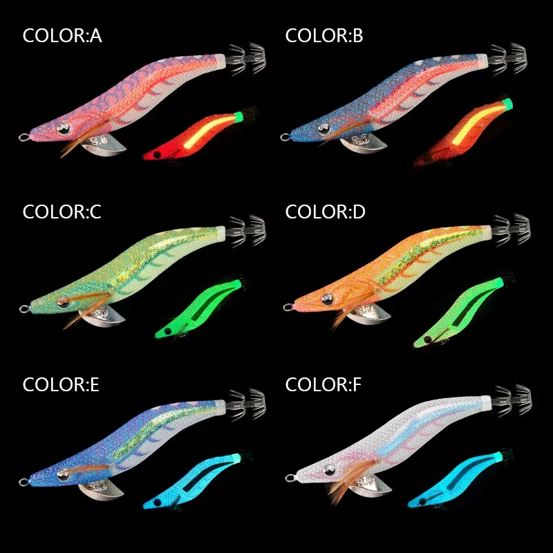 2.5# 3.0# 3.5# Glow Squid Egi Bait Luminous Wooden Shrimp Squid Jig Eging Squid Hook Artificial Bait Octopus Cuttlefish Fishing