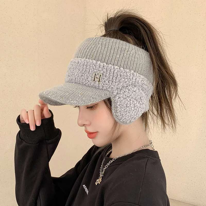 K329-Hat Women's Winter Riding Knitted Ear-proof Duck Tongue Hat Fashion Versatile Plush Warm Hollow Top Ear Cap Women's Hat 5