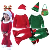 Girls New Year Santa Claus Costumes Elf Cosplay Christmas Carnival Party Bottoms Kids Children Top Pants With Hat Clothes Set