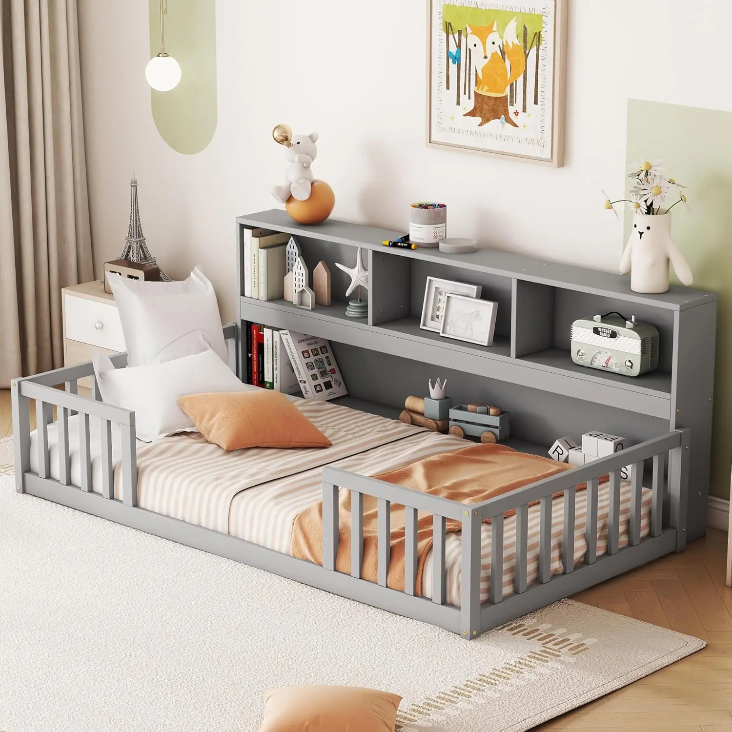 Kids Montessori Floor Bed,Twin Size Floor Bed with Bookcase and Shelves,Twin Bed Frame