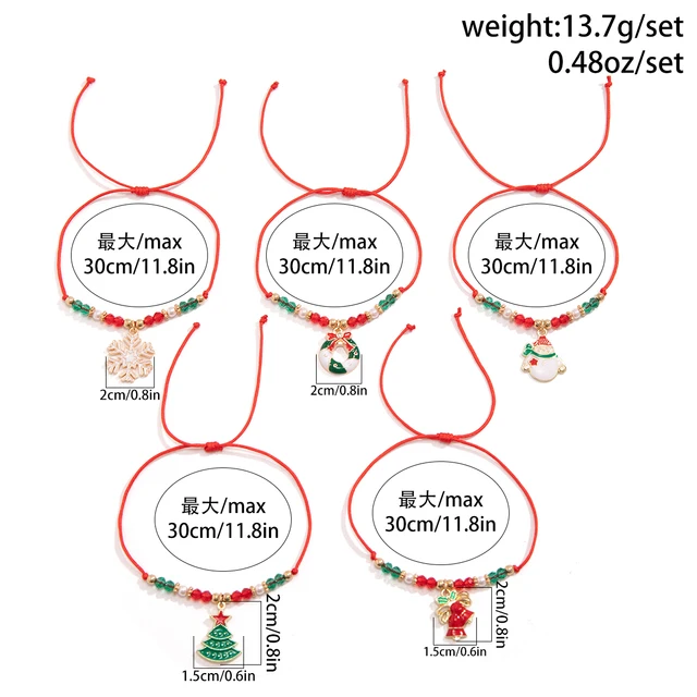 KunJoe 5pcs/set Cute Christmas Series Snowflake Tree Pendant Crystal Bracelet Women CCB Beads Adjustable Thread Rope Bracelet 4