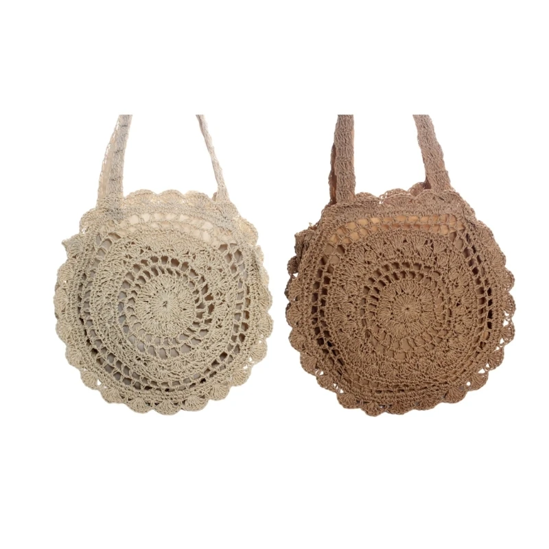 Crochet Knitted Beach Bag for Girl Women Solid Color Versatile Woven Handbags E74B