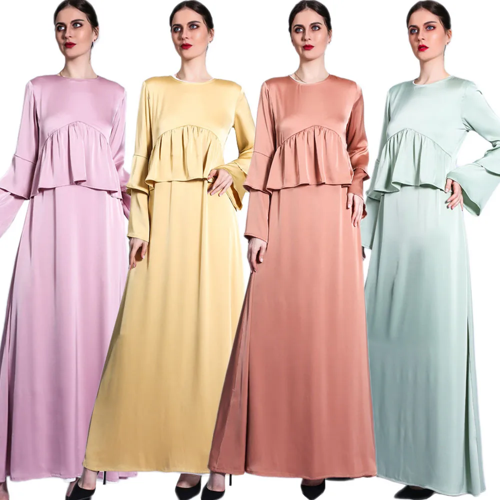 

Elegant Abaya Women Muslim Satin Ruffle Long Maxi Dress Turkey Party Kaftan Islamic Dubai Gown Clohting Eid Ramadan Female Robe