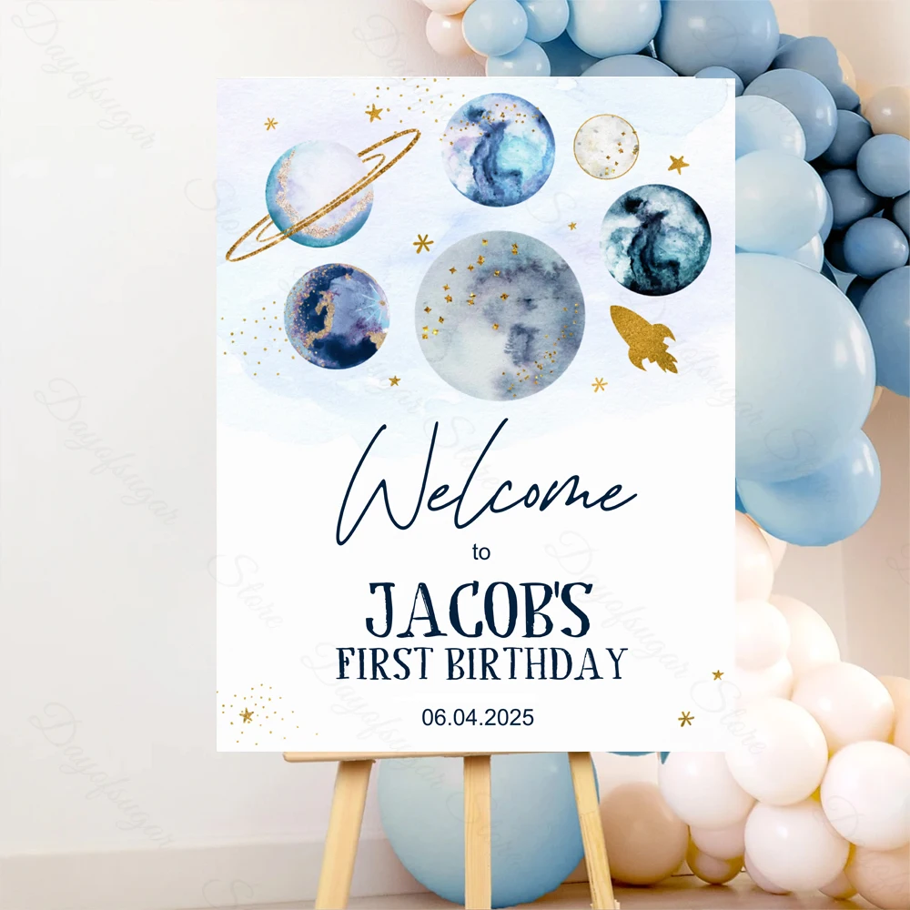 Outer Space Birthday Welcome Sign Mosaic Board Welcome Baby Shower Sign for Galaxy Planets Astronaut Birthday Party Decor