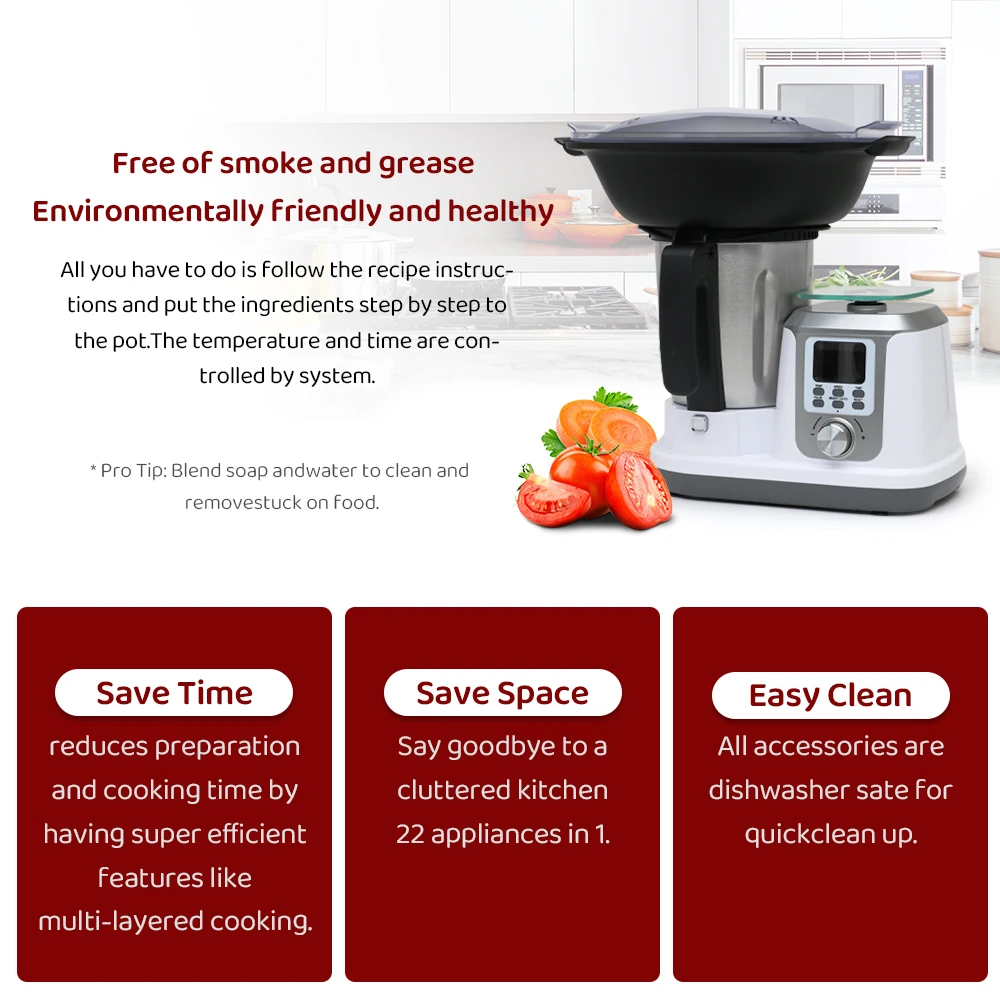 Kitchen Food Processor Robot Smart All-In-One  Cooker,Chopper,Steamer,Juicer,Blender (Color : Red, Size : US)