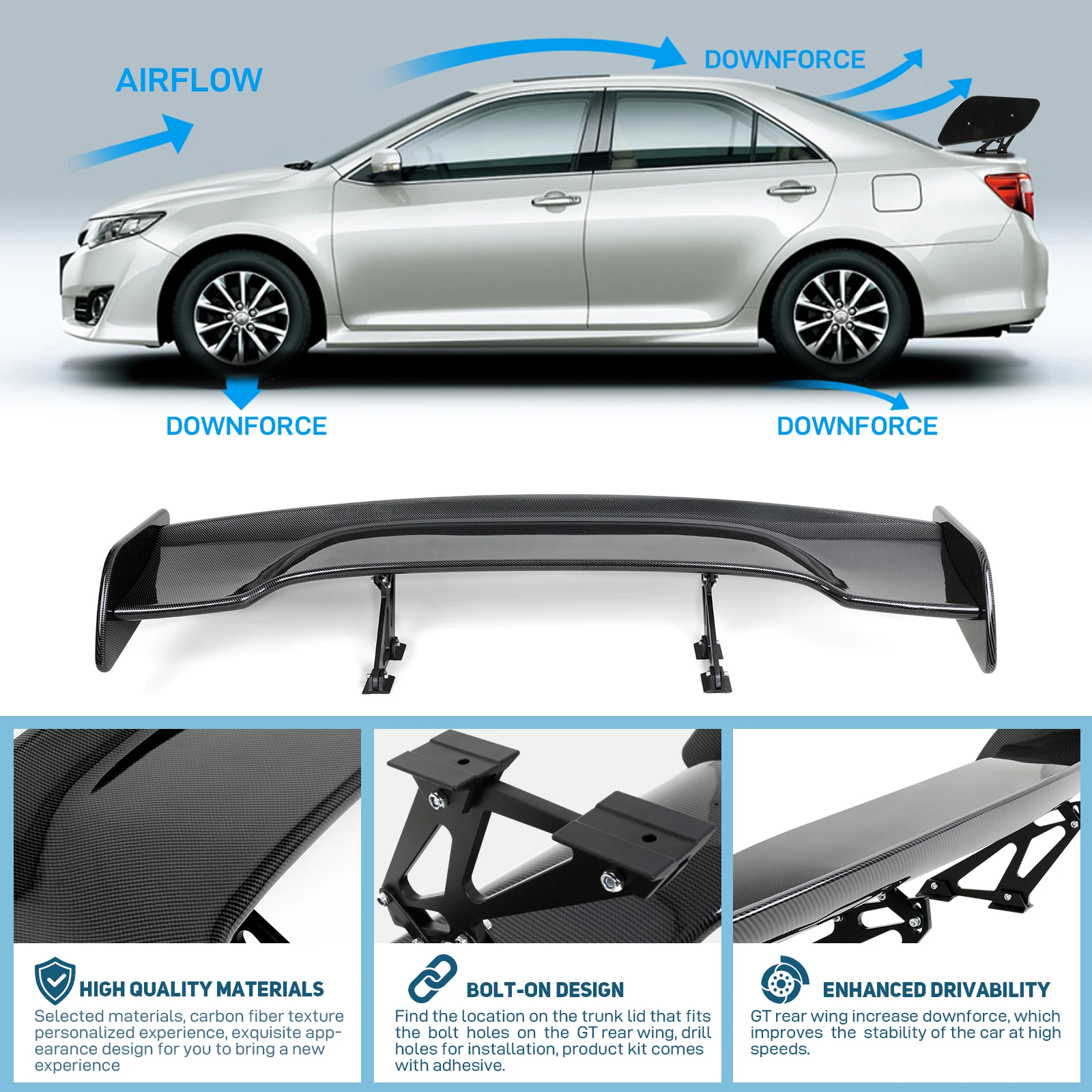 Universal 57" 3D 3DI GT JDM Racing Car Trunk Lid Real Carbon Fiber Rear Wing Spoiler Upper Splitter For Honda Toyota VW Benz