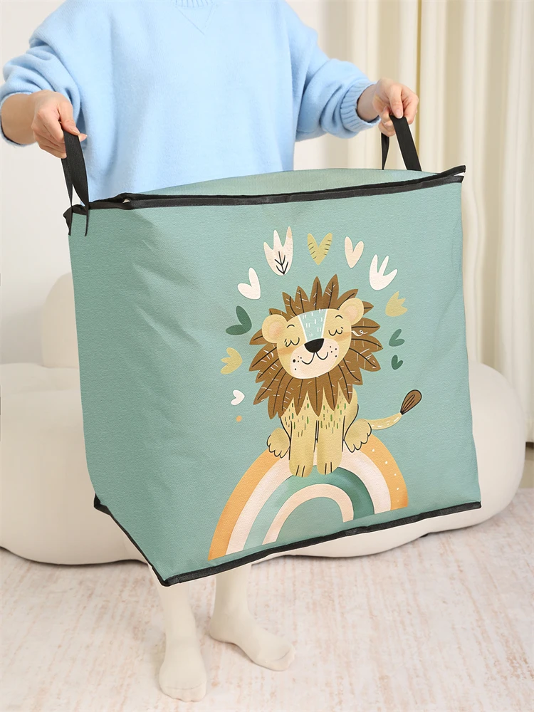 1pc, lion patterned storage container, large capacity clothing, blanket, storage bucket with handle, zipper storage bag
