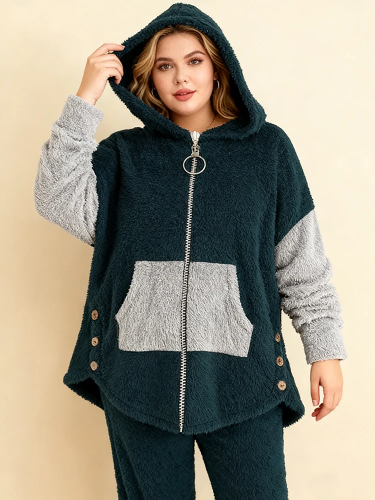 Plus Size Warm Contrasting Sweater Set On Sale Clearance Hooded Zip-Up Package Cardigan Drawstring Long Pants With Elastic Cuffs 3