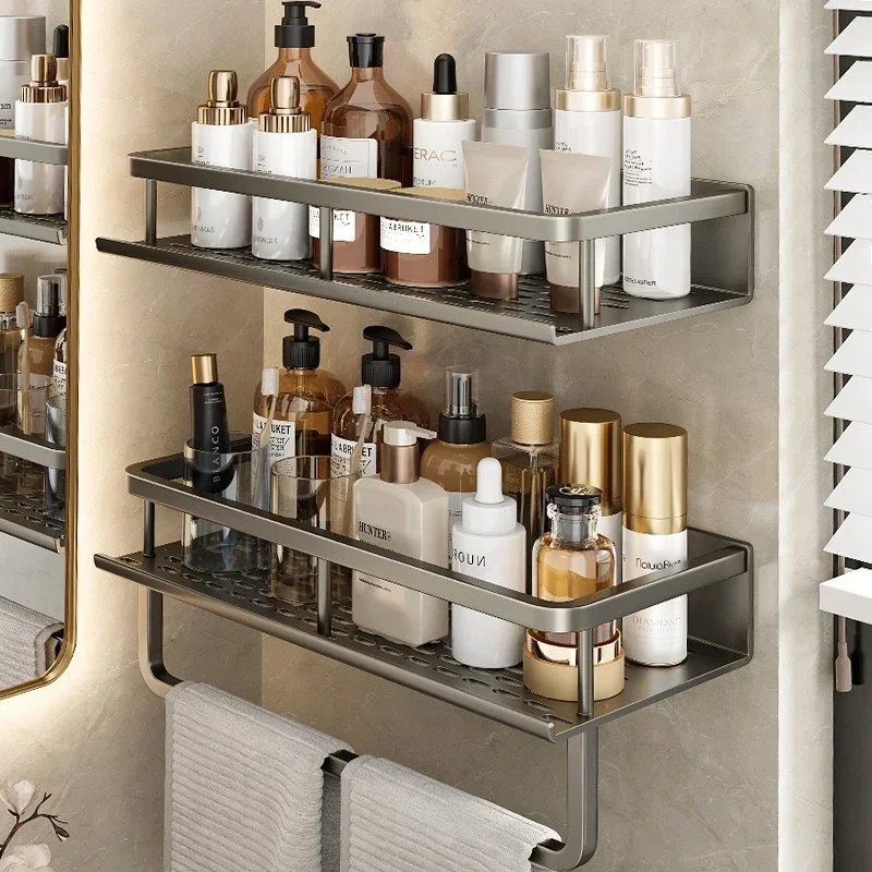 Bathroom Accessories Shelf Organizer 30-50CM Shower Storage Rack Gray Wall Mounted Space Aluminum Toilet Shampoo Holder Shelves bathtub storage rack