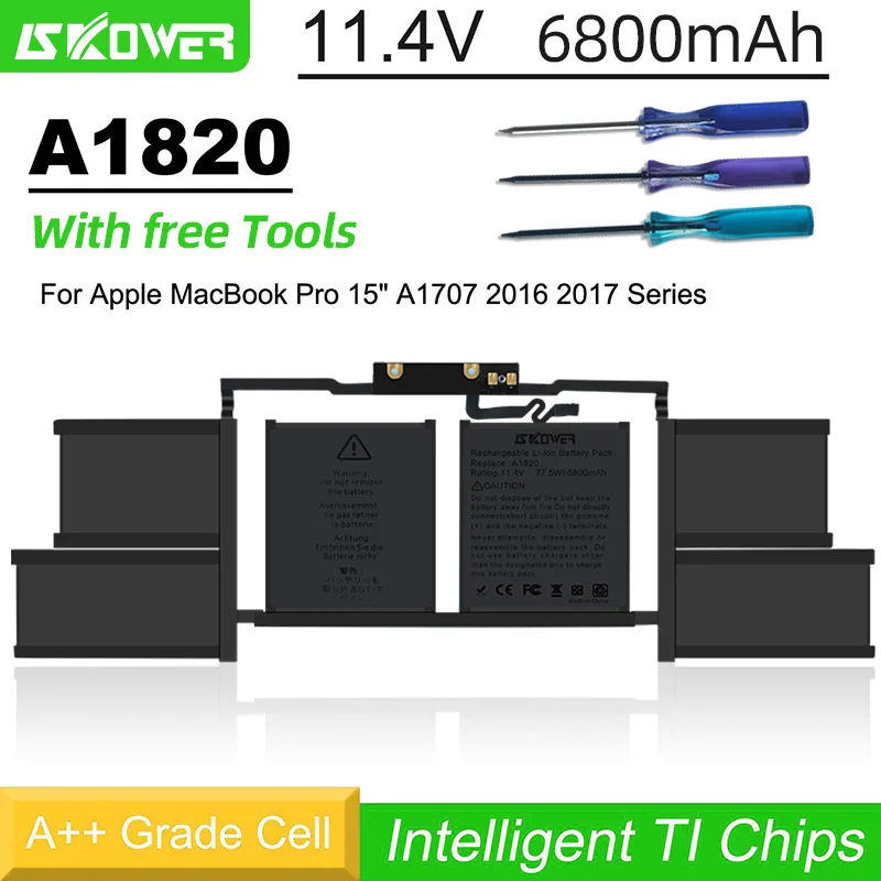 Аккумулятор SKOWER A1820 для ноутбука APPLE MACBOOK PRO, 15 дюймов, A1707, 2016, 2017, 11,4 в, 6800 мАч