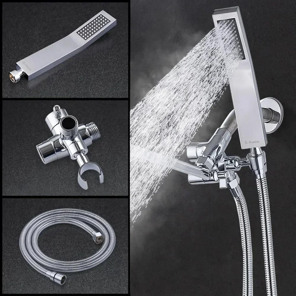 All Metal 8" Dual Square Shower Head Combo Rain Shower Head Handheld Wand Adjustable Smooth 3-Way Diverter Chrome shower head,shower diverter valve