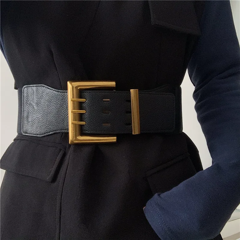 High Quality Vintage Big Alloy Buackle Wide Waistbands Luxury Designe Elastic Party Belts for Woman dress coat black waist seal