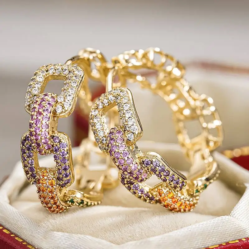 Huitan-pendientes de aro con diseño de cadena para mujer, accesorios estéticos de compromiso y aniversario, joyería de moda con incrustaciones de circonia cúbica colorida