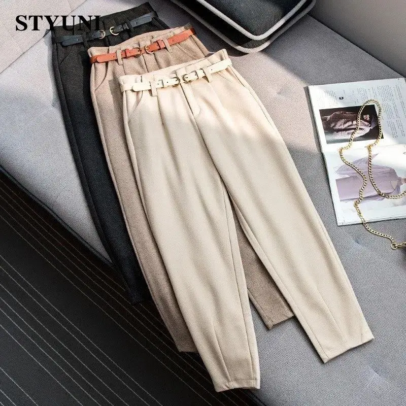 

Woolen Thick Autumn Winter Wide Leg High Waist Belt Women's Pants Korean Fashion Office Lady Solid Ankle-Length Pants For Women