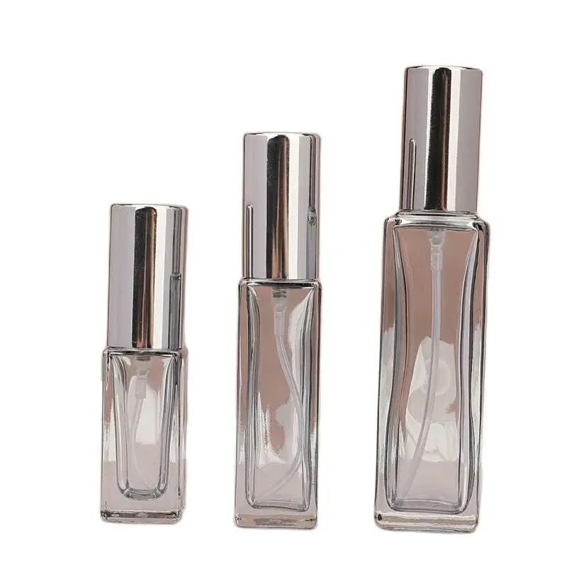 

20pcs Refillable Mini Perfume Bottle Empty Silver Spray Lid 5ml 10ml 20ml Squaer Clear Gray Glass Atomizer Fragrance Bottles