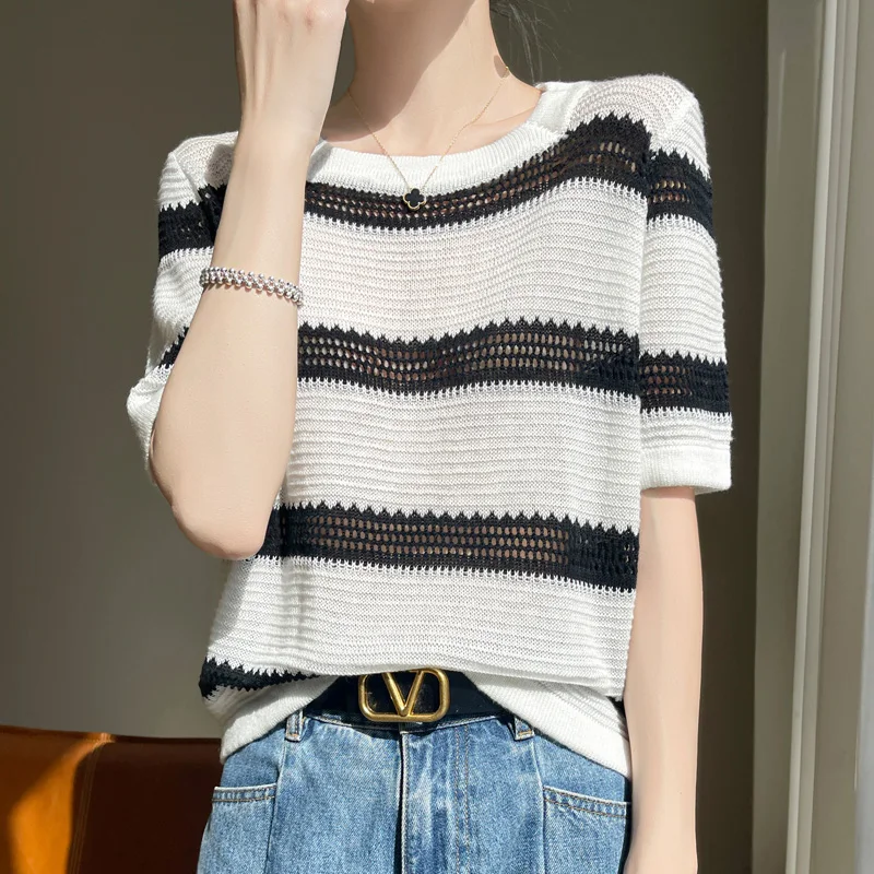 

Women's T-shirt Summer New Worsted Wool Knitwear Casual Stripes Ladies Tops Round Neck Pullover Short Sleeve Loose Hollow Tees