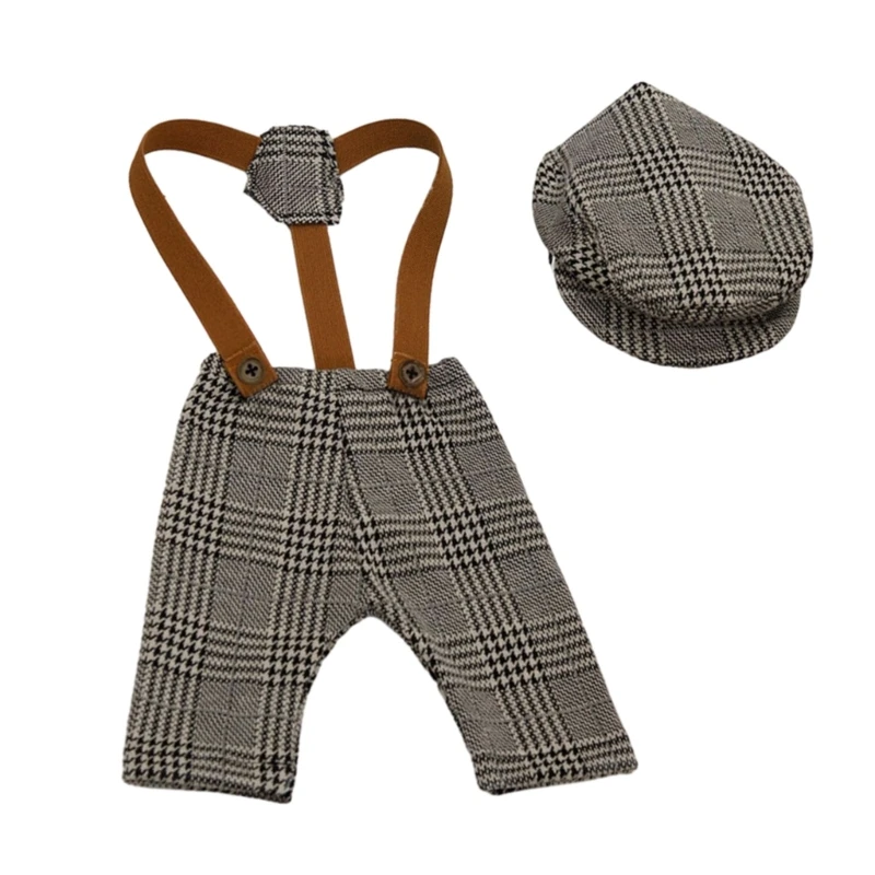 

Trendy Newborn Baby Boys Photography Accessories Gentleman Overalls with Hat Set Fashionable Costume for Boys Gift